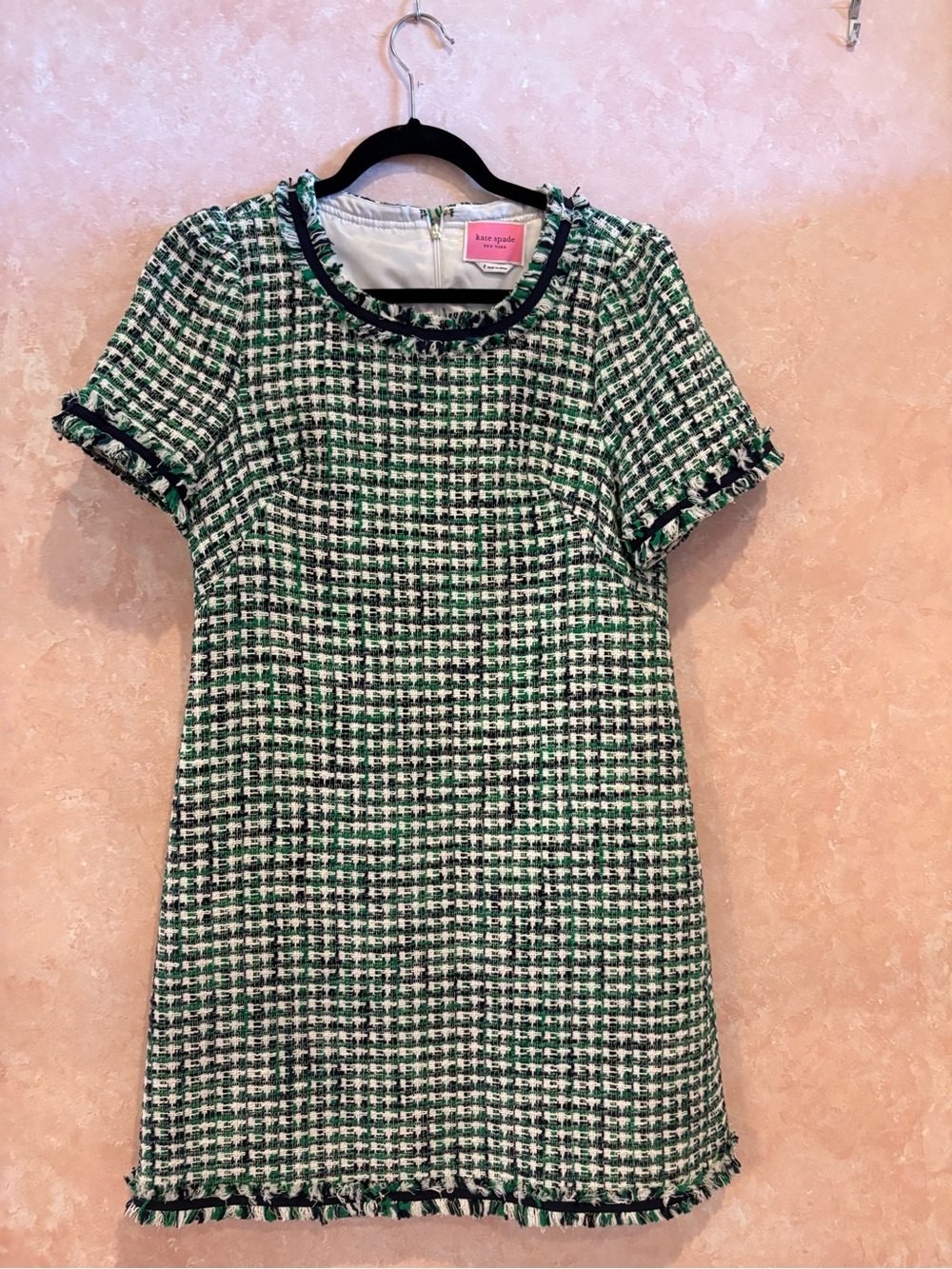 kate spade Green, White and Black Tweed Fringe-Trim Shift Dress